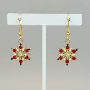 Christmas Snowflake Pierced Earrings Rhinestone Pearl